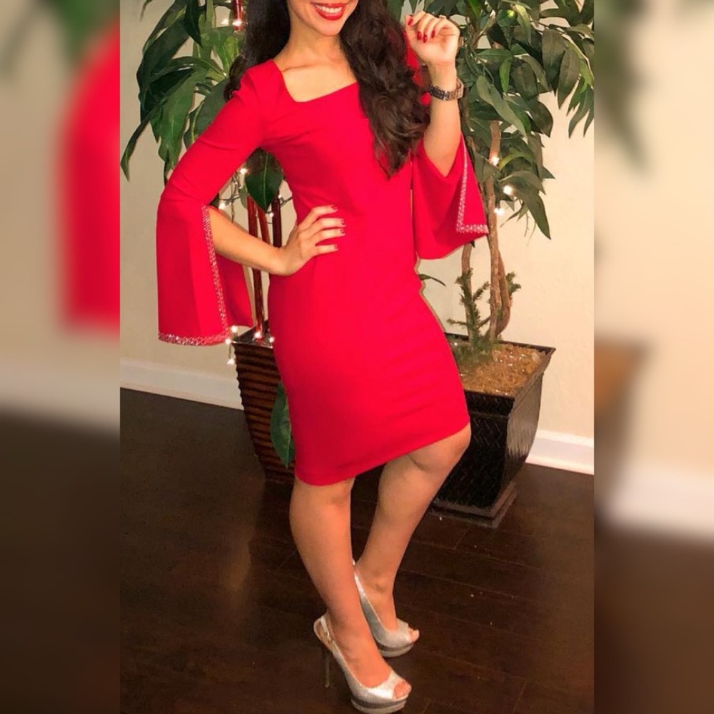 Red Sheath Dress with Bell Sleeves and Square Neck